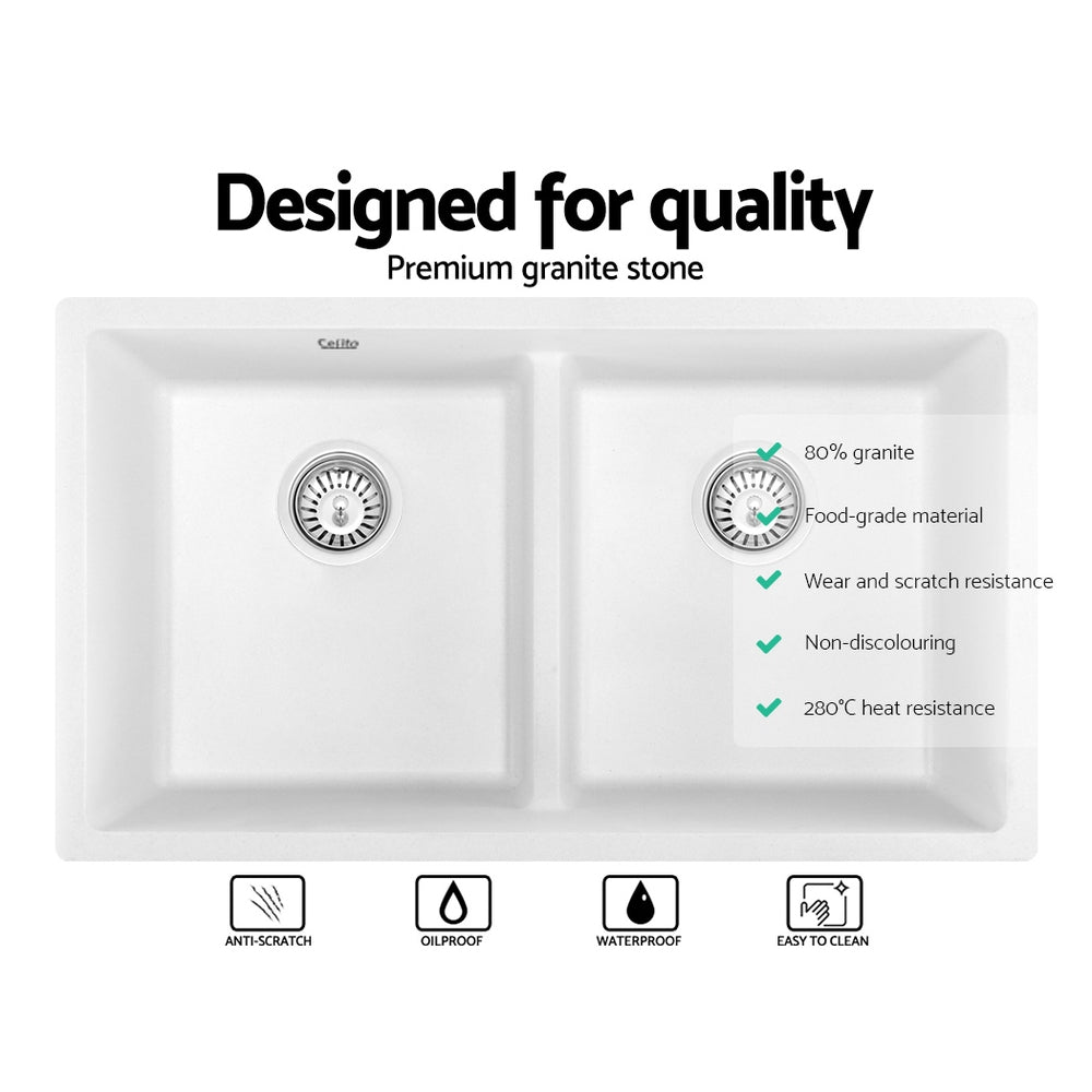 Stone Kitchen Sink 790X460MM Granite Under/Topmount Basin Double Bowl White
