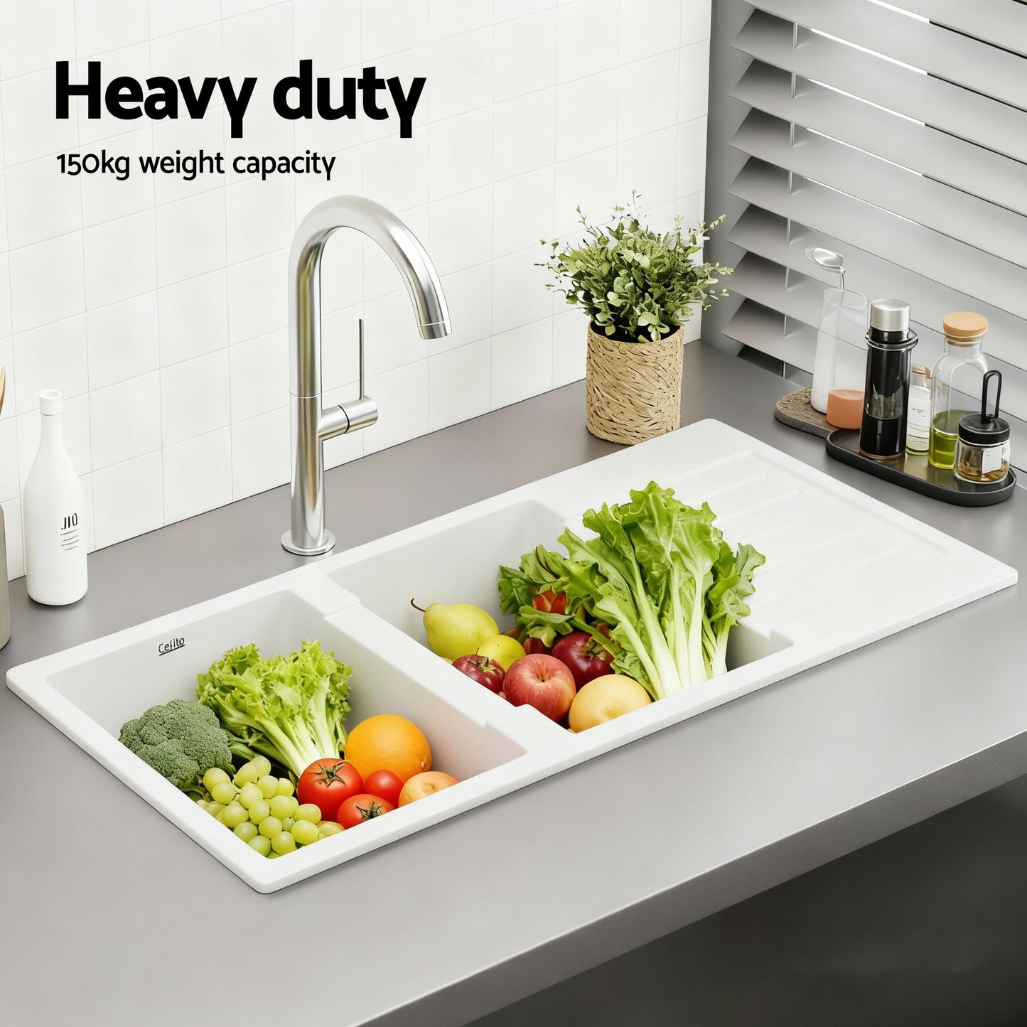 Kitchen Sink 116x50cm Granite Stone Sink Double Bowl White