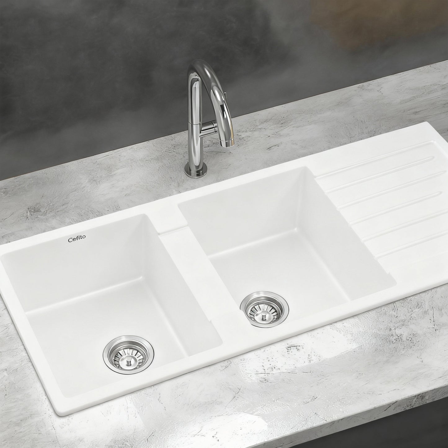 Kitchen Sink 116x50cm Granite Stone Sink Double Bowl White