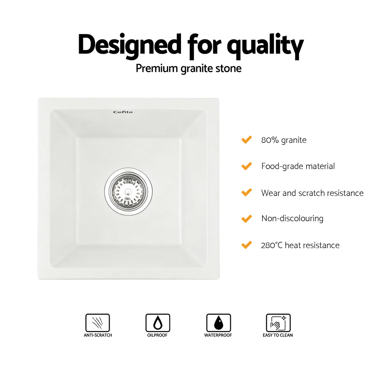 Kitchen Sink 38x38cm Granite Stone Sink Single Bowl White