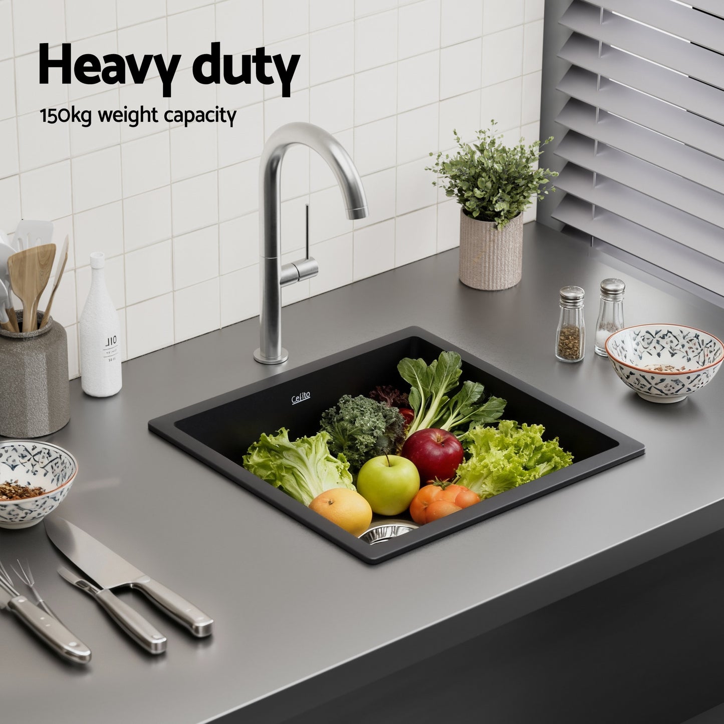 Kitchen Sink 45x45cm Granite Stone Sink Single Bowl Black