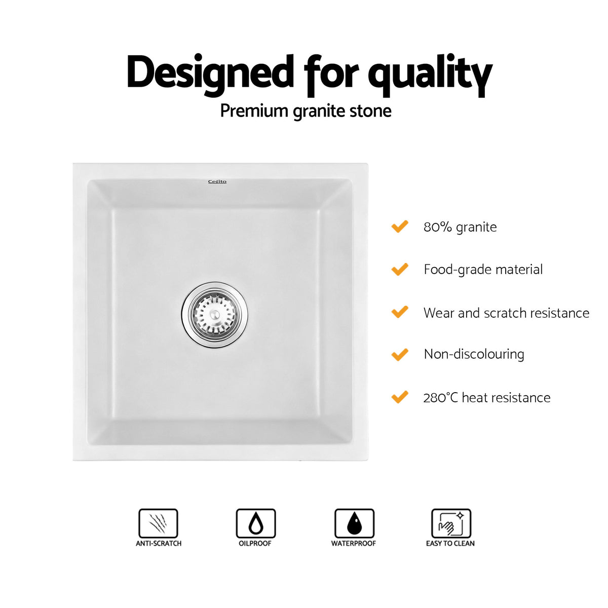 Kitchen Sink 45x45cm Granite Stone Sink Single Bowl White