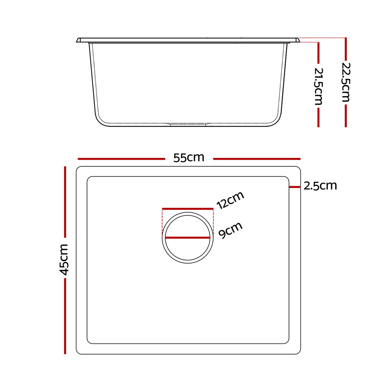 Kitchen Sink 55x45cm Granite Stone Sink Single Bowl Black