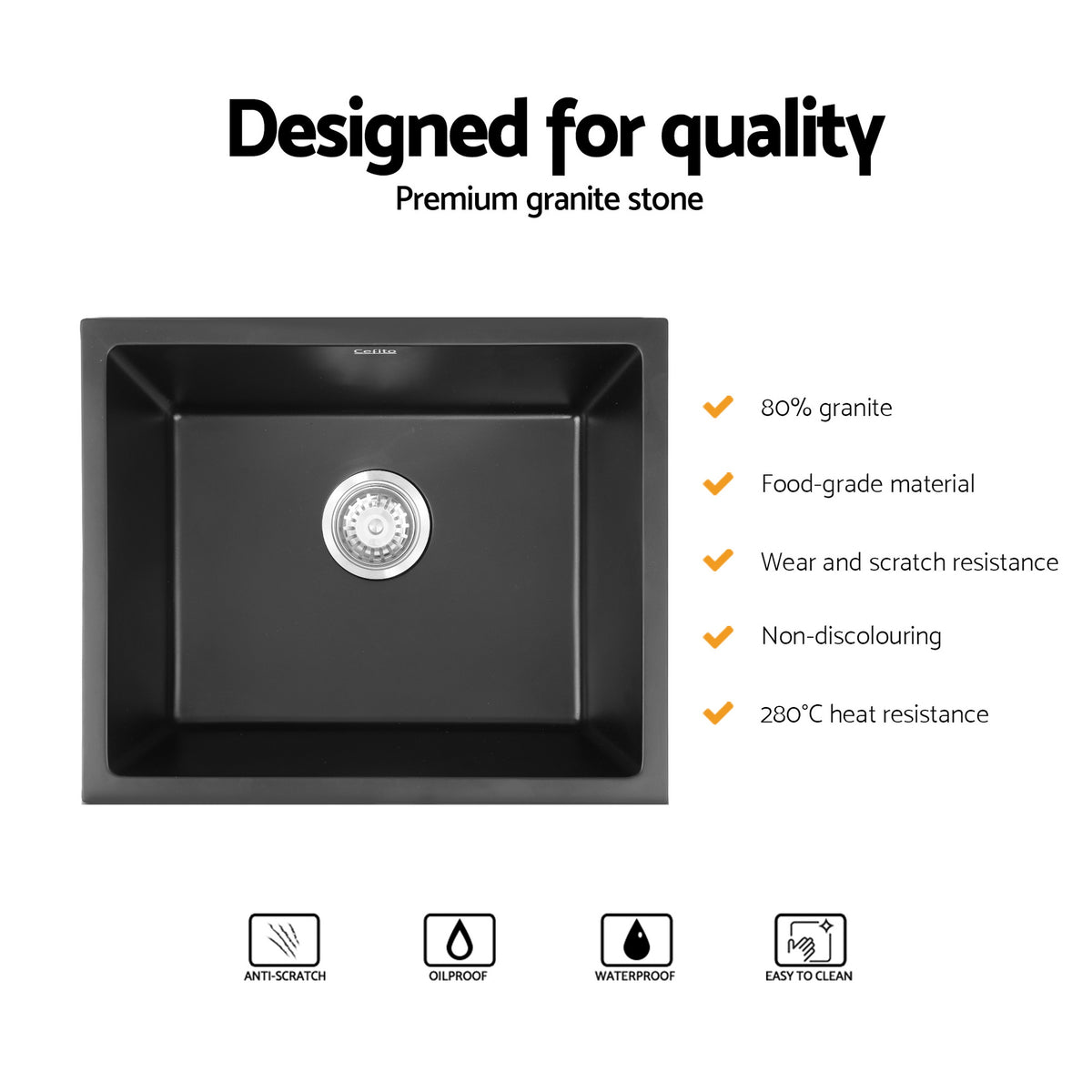 Kitchen Sink 55x45cm Granite Stone Sink Single Bowl Black