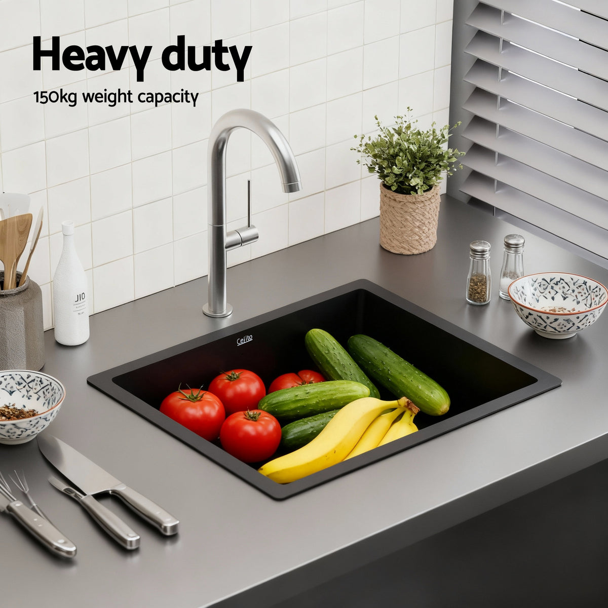 Kitchen Sink 55x45cm Granite Stone Sink Single Bowl Black