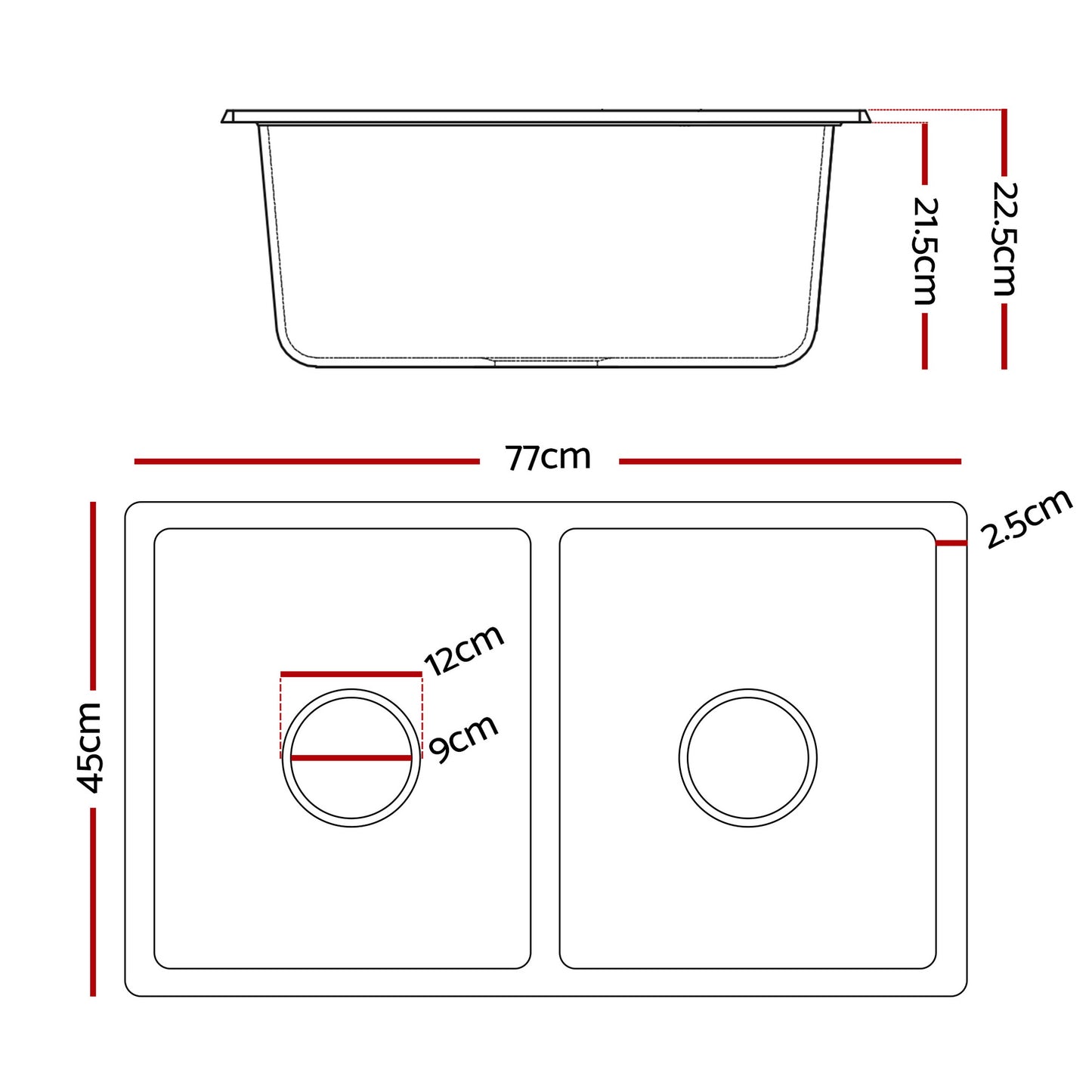 Kitchen Sink 77x45cm Granite Stone Sink Double Bowl Black