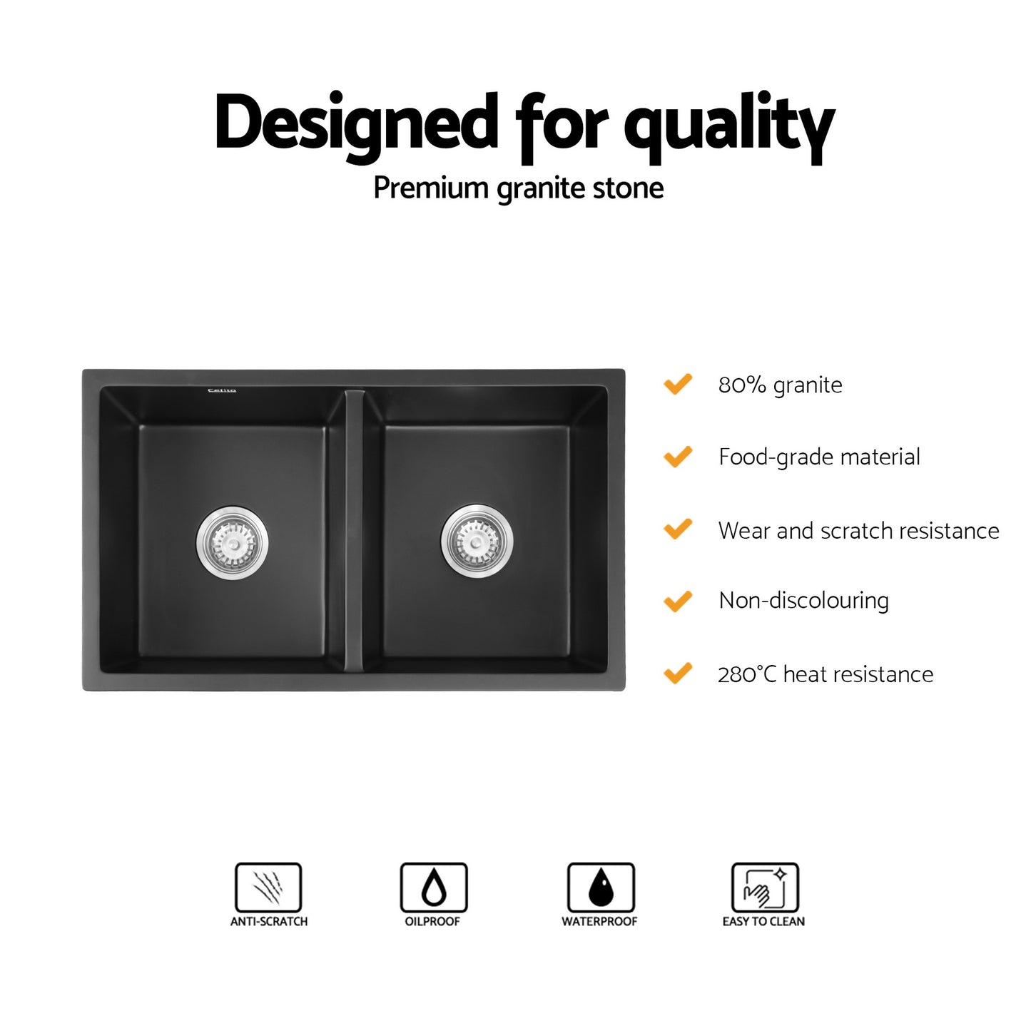 Kitchen Sink 77x45cm Granite Stone Sink Double Bowl Black