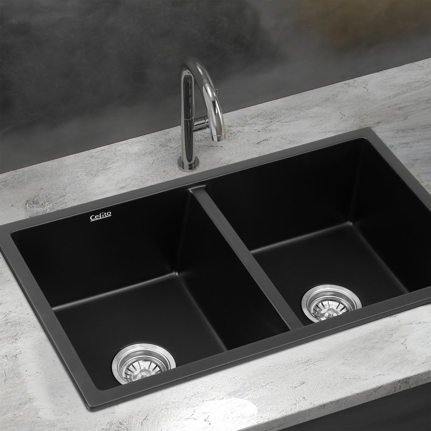 Kitchen Sink 77x45cm Granite Stone Sink Double Bowl Black