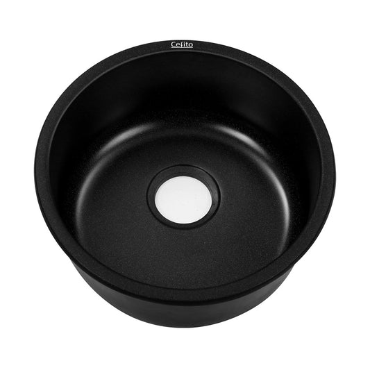 Stone Kitchen Sink Round 430MM Granite Under/Topmount Basin Bowl Laundry Black