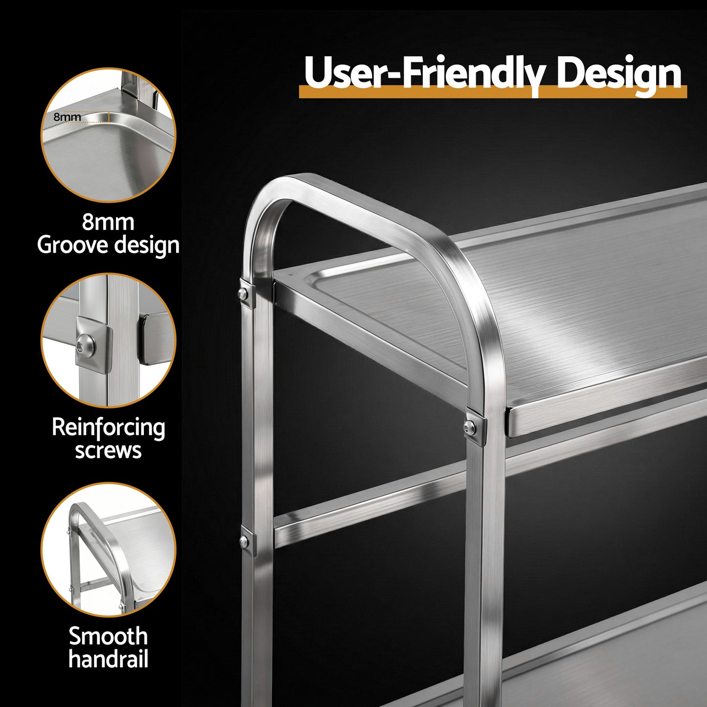 2-Tier Stainless Steel Kitchen Trolley with Wheels 84x56x98cm