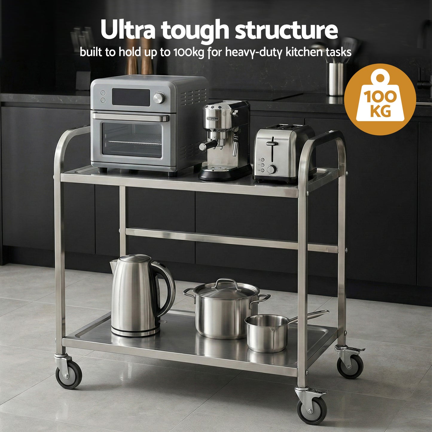 2-Tier Stainless Steel Kitchen Trolley with Wheels 84x56x98cm