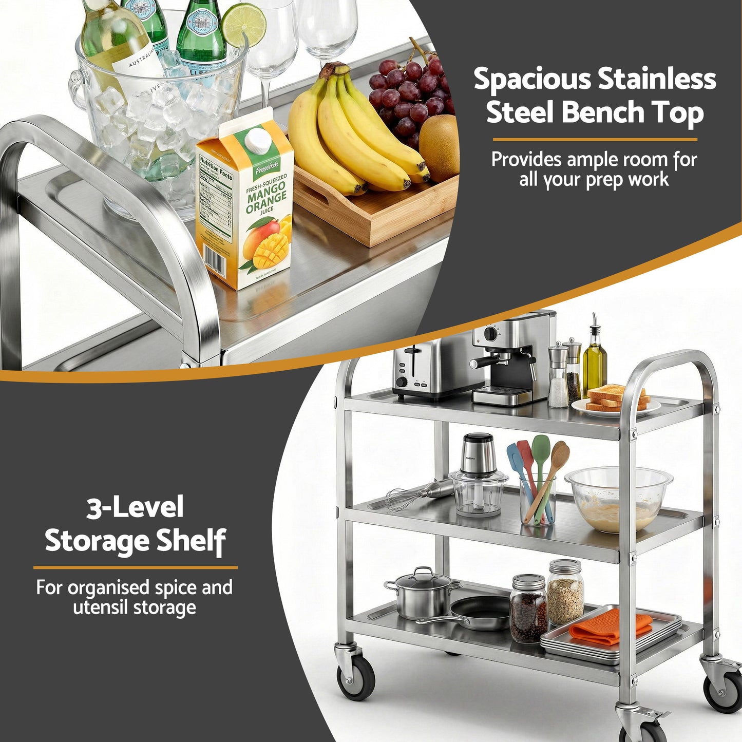 3-Tier Stainless Steel Kitchen Trolley with Wheels 89X50X83cm