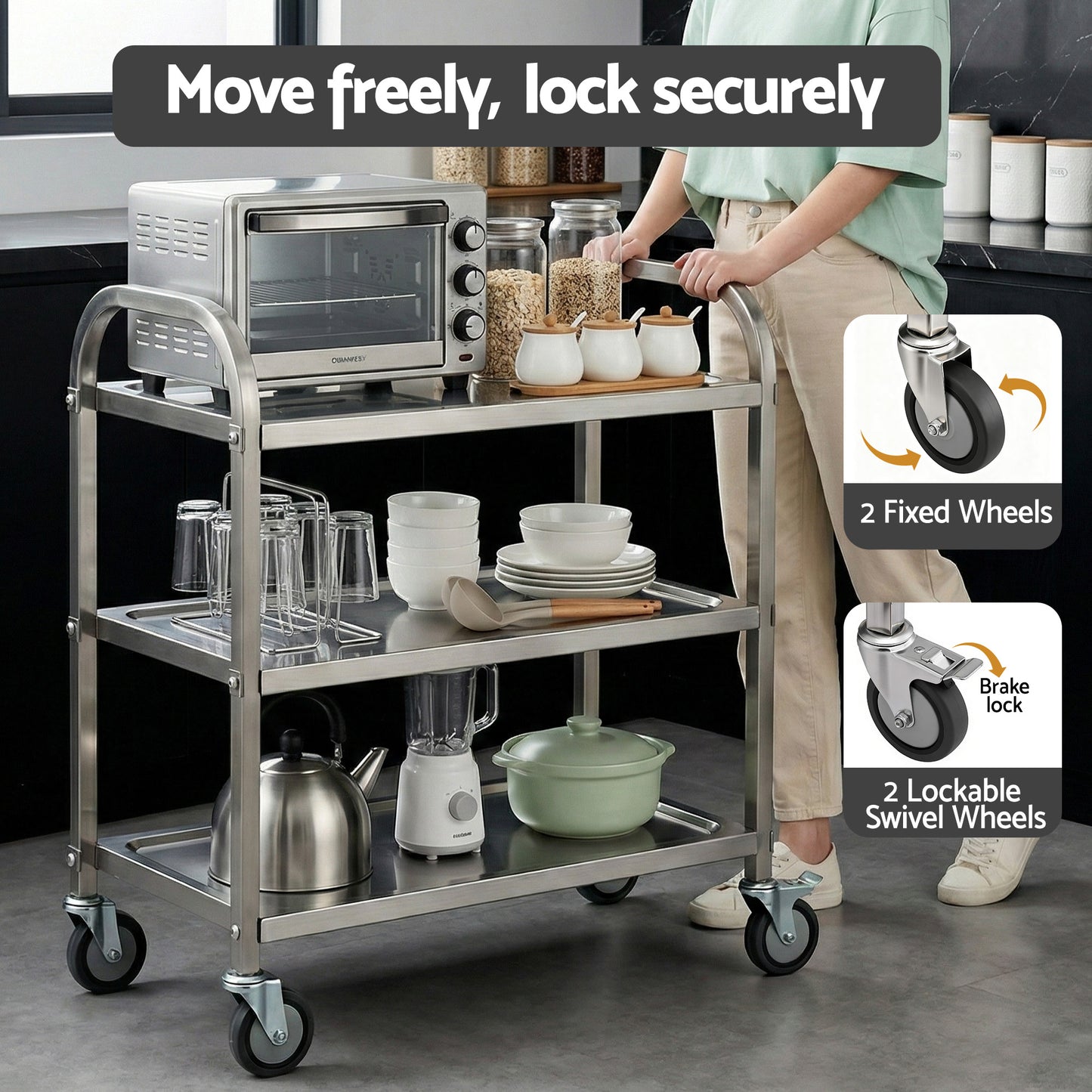 3-Tier Stainless Steel Kitchen Trolley with Wheels 89X50X83cm