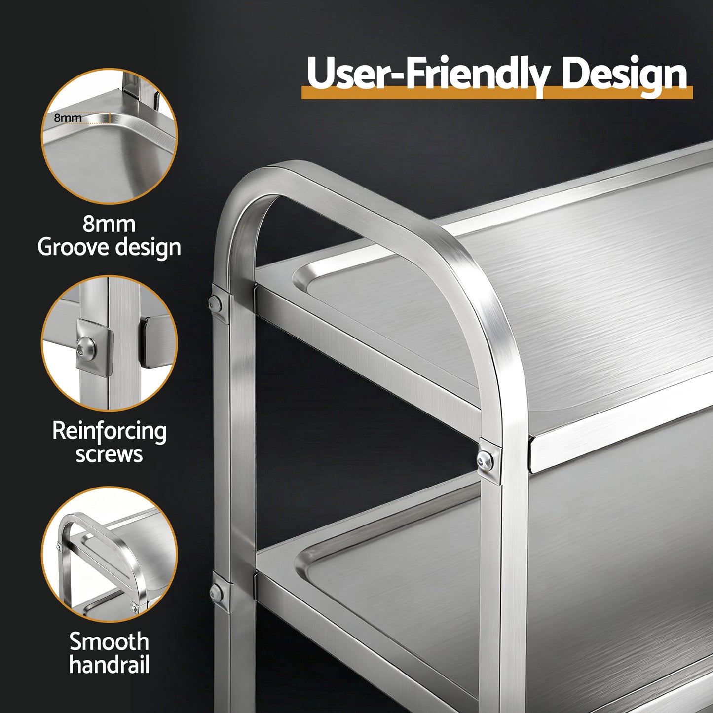 3-Tier Stainless Steel Kitchen Trolley with Wheels 89X50X83cm