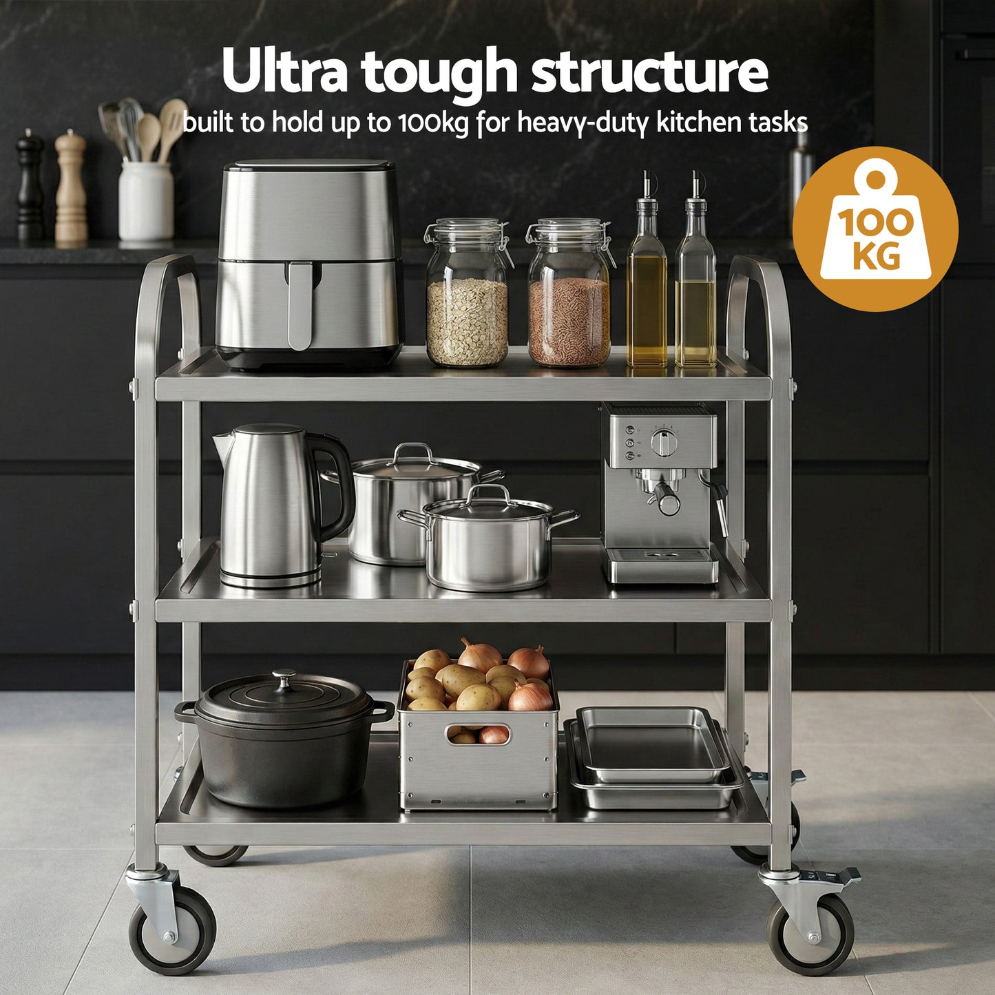 3-Tier Stainless Steel Kitchen Trolley with Wheels 89X50X83cm