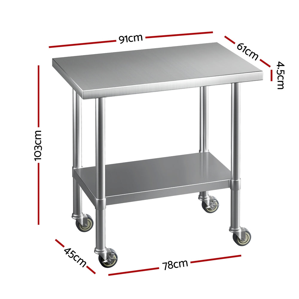 Stainless Steel Kitchen Benches Work Bench Wheels 91X61CM 430