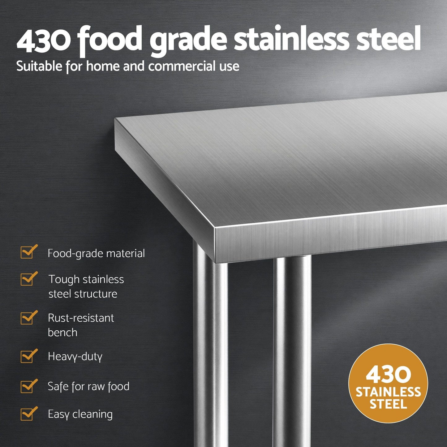 914x762mm Stainless Steel Kitchen Bench w/ Splashback Work Table Prep Bench Commercial 430