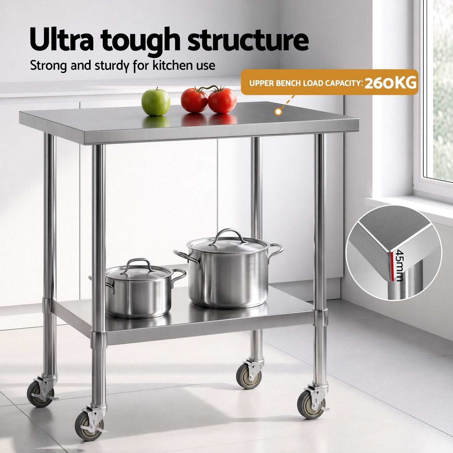 914x762mm Stainless Steel Kitchen Bench w/ Splashback Work Table Prep Bench Commercial 430