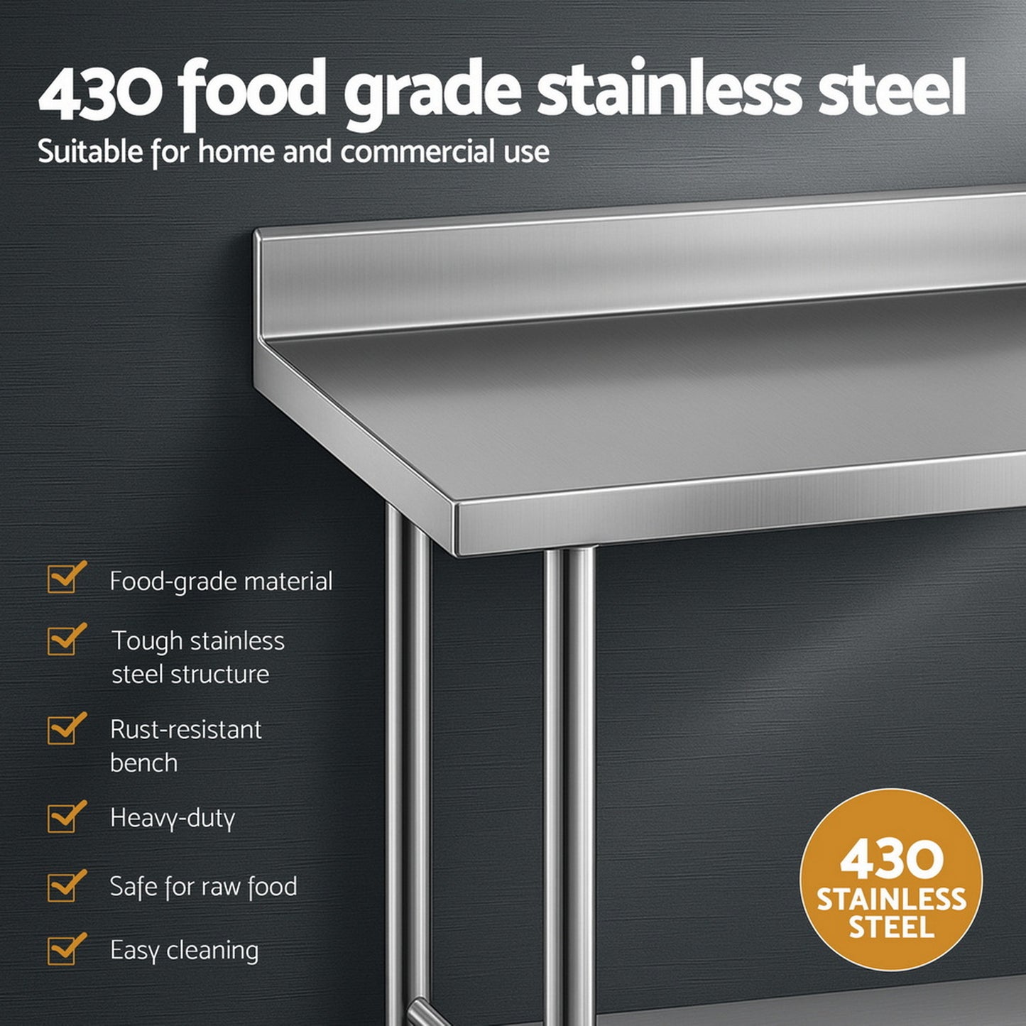 Stainless Steel Kitchen Bench w/ Splashback 1500x600MM 430