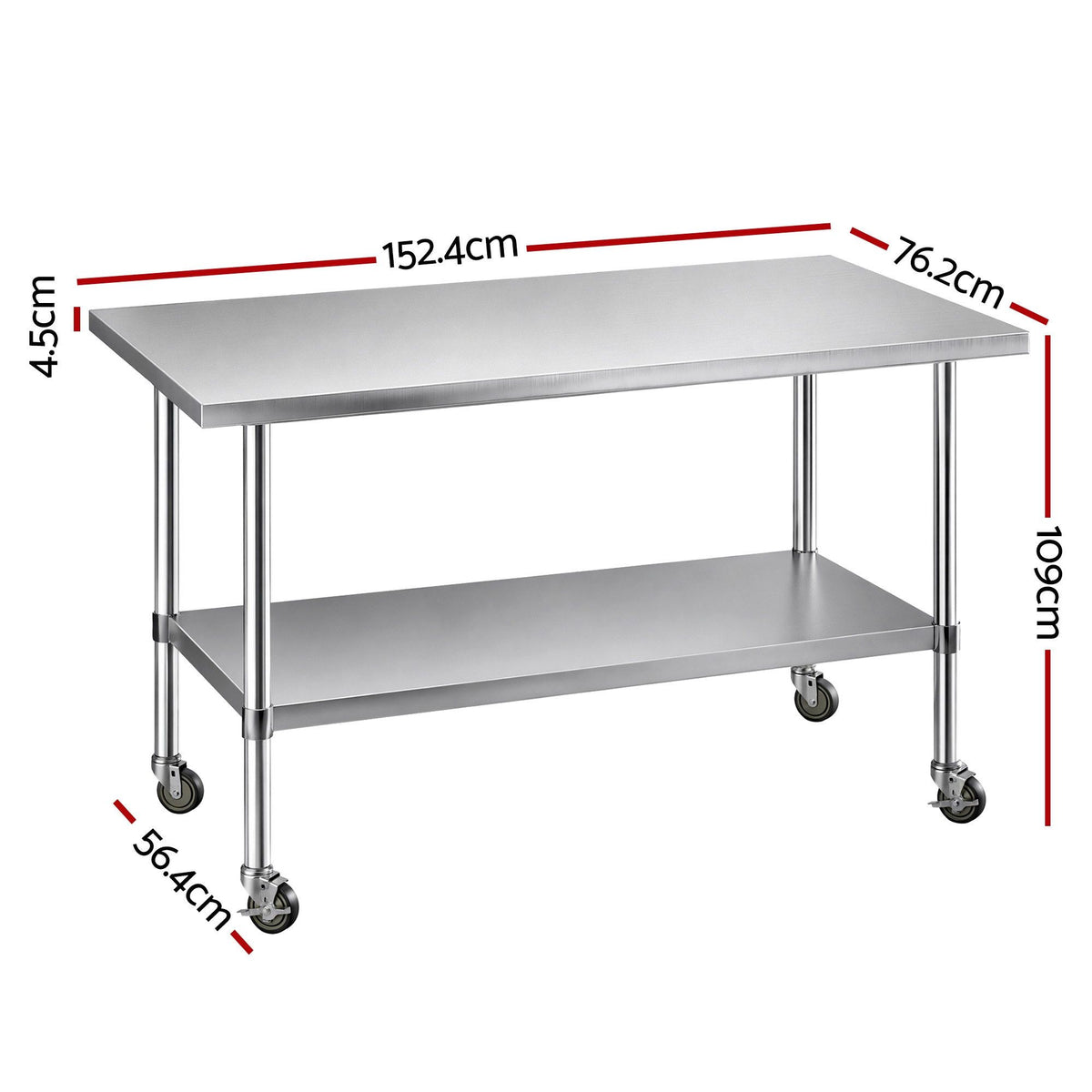 1524x762mm Stainless Steel Kitchen Bench w/ Splashback Work Table Prep Bench Commercial 430