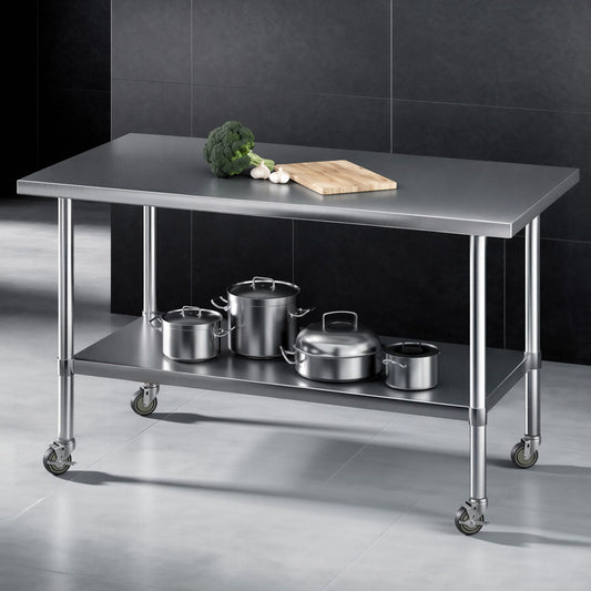 1524x762mm Stainless Steel Kitchen Bench w/ Splashback Work Table Prep Bench Commercial 430