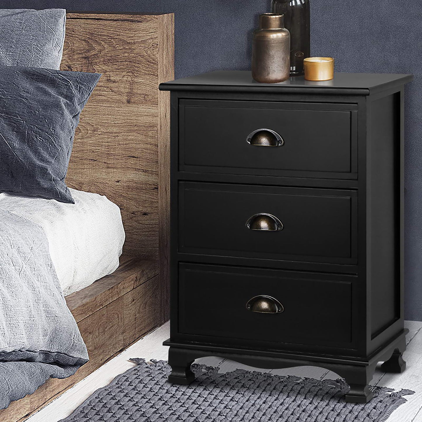Set of 2 Gander Bedside Tables Vintage with 3 Drawers - Black