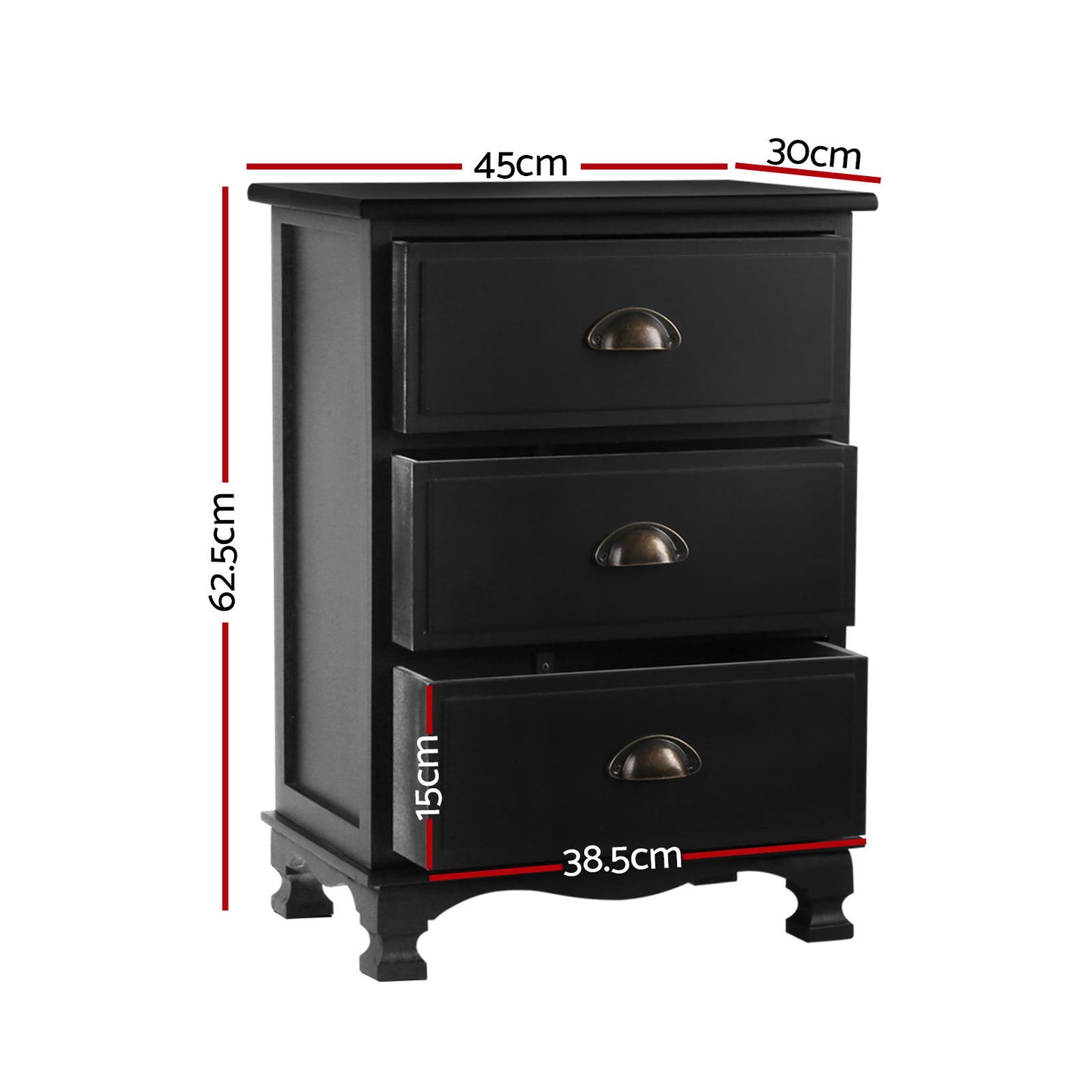 Set of 2 Gander Bedside Tables Vintage with 3 Drawers - Black