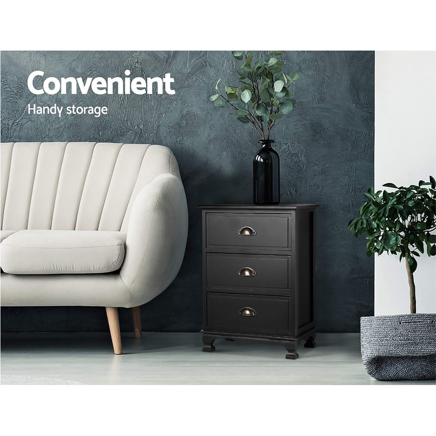 Set of 2 Gander Bedside Tables Vintage with 3 Drawers - Black
