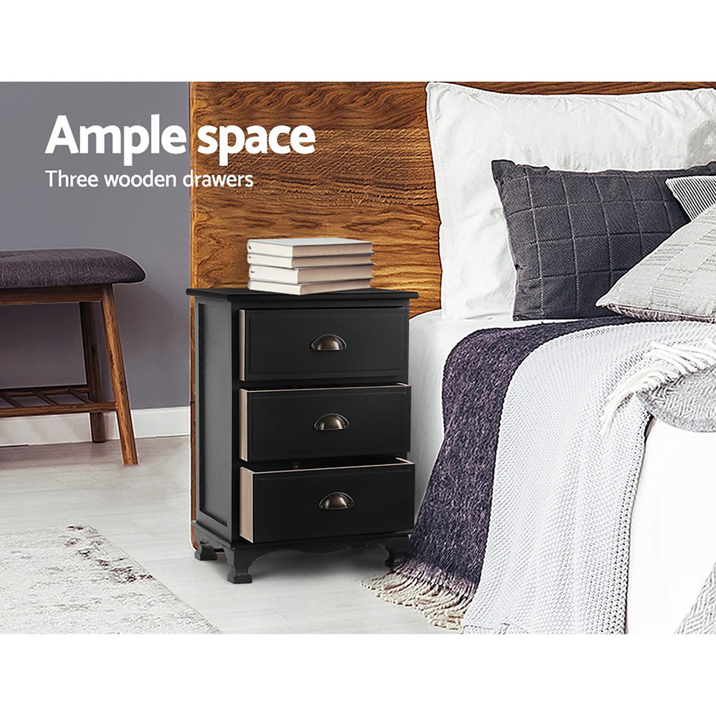 Set of 2 Gander Bedside Tables Vintage with 3 Drawers - Black