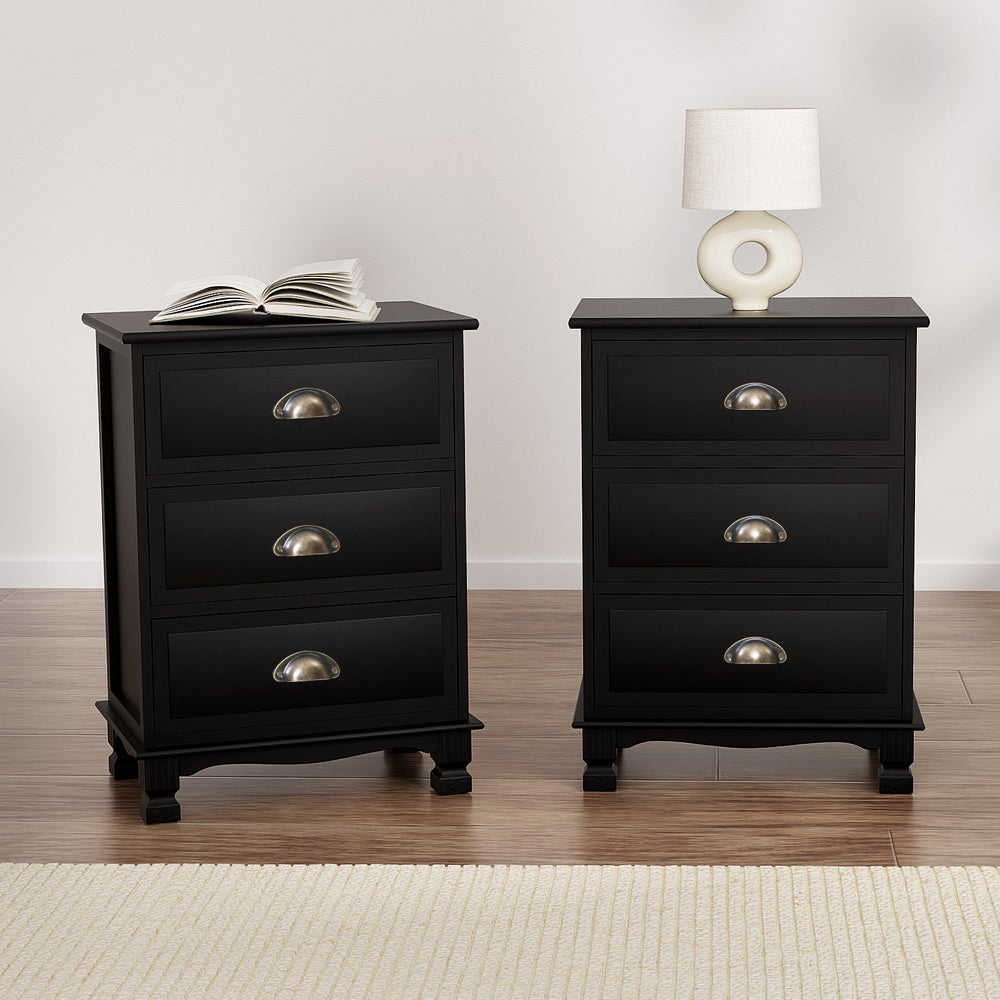 Set of 2 Gander Bedside Tables Vintage with 3 Drawers - Black
