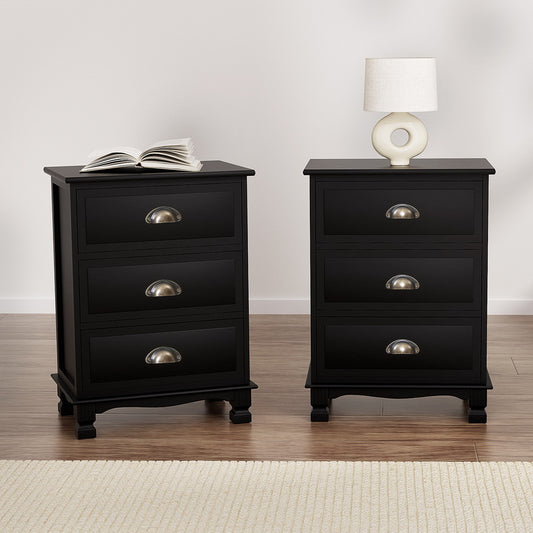 Set of 2 Gander Bedside Tables Vintage with 3 Drawers - Black