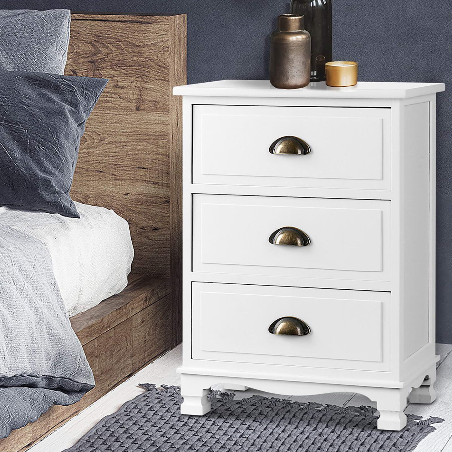 Set of 2 Gander Bedside Tables Vintage with 3 Drawers - White