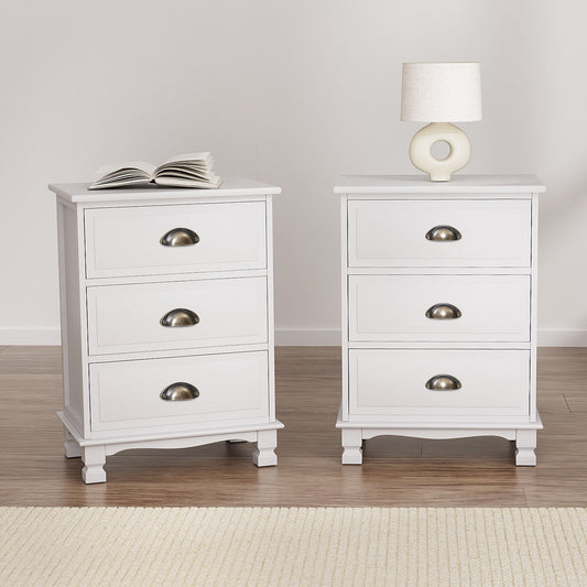 Set of 2 Gander Bedside Tables Vintage with 3 Drawers - White
