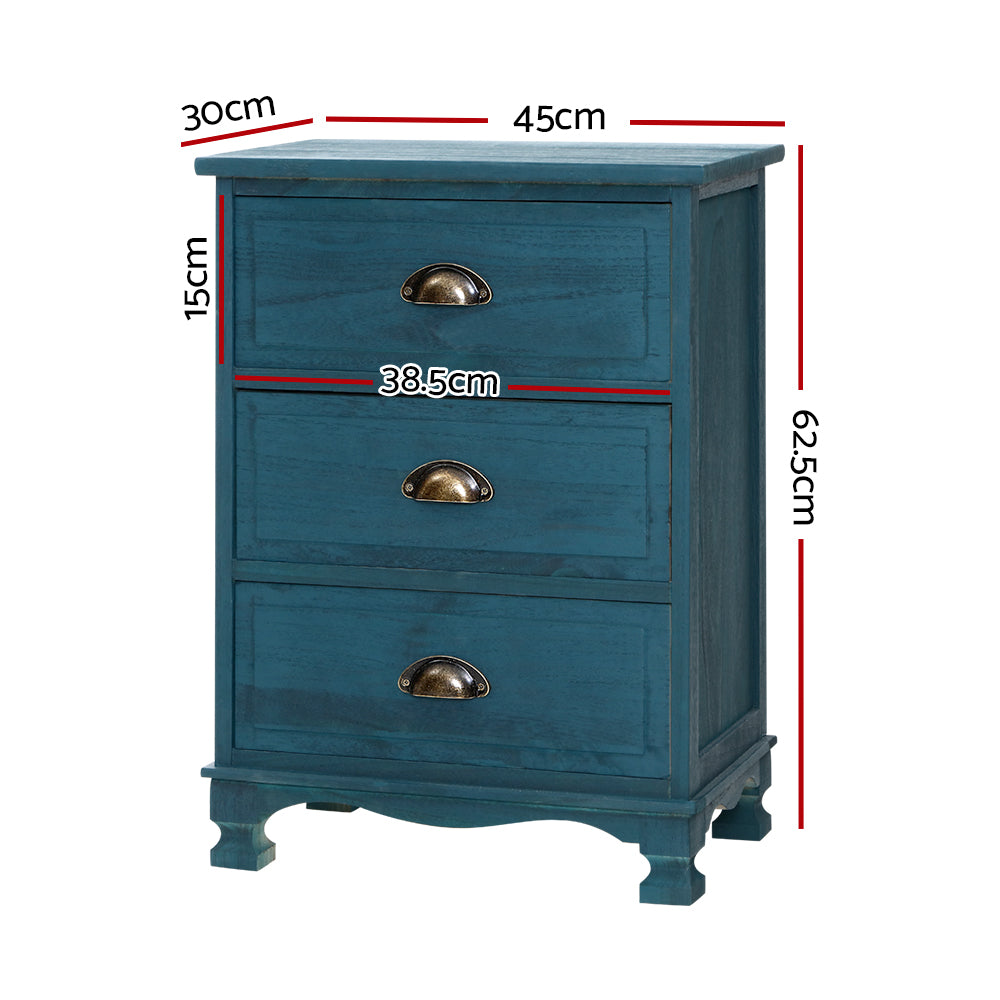 Gander Wooden Vintage Bedside Tables Side Table Cabinet Vintage Storage Nightstand with 3 Drawers - Blue