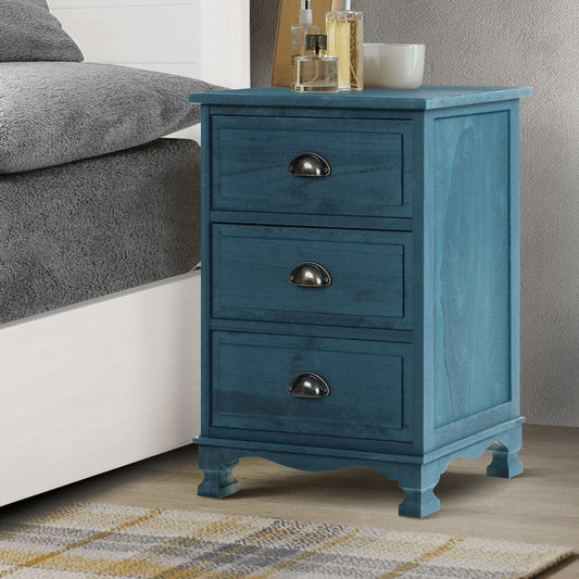 Gander Wooden Vintage Bedside Tables Side Table Cabinet Vintage Storage Nightstand with 3 Drawers - Blue