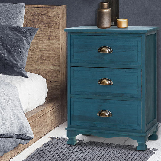 Gander Wooden Vintage Bedside Table Side Table Cabinet Vintage Storage Nightstand with 3 Drawers - Blue