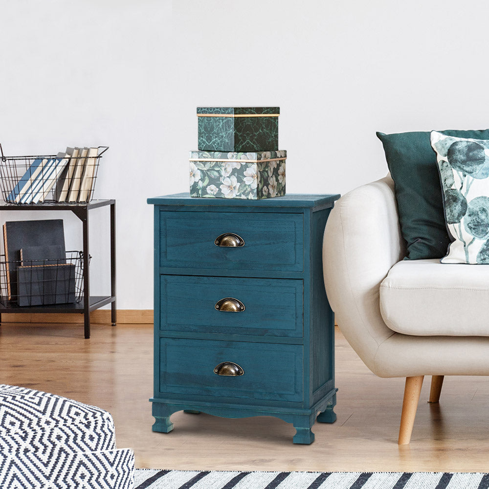 Gander Wooden Vintage Bedside Table Side Table Cabinet Vintage Storage Nightstand with 3 Drawers - Blue