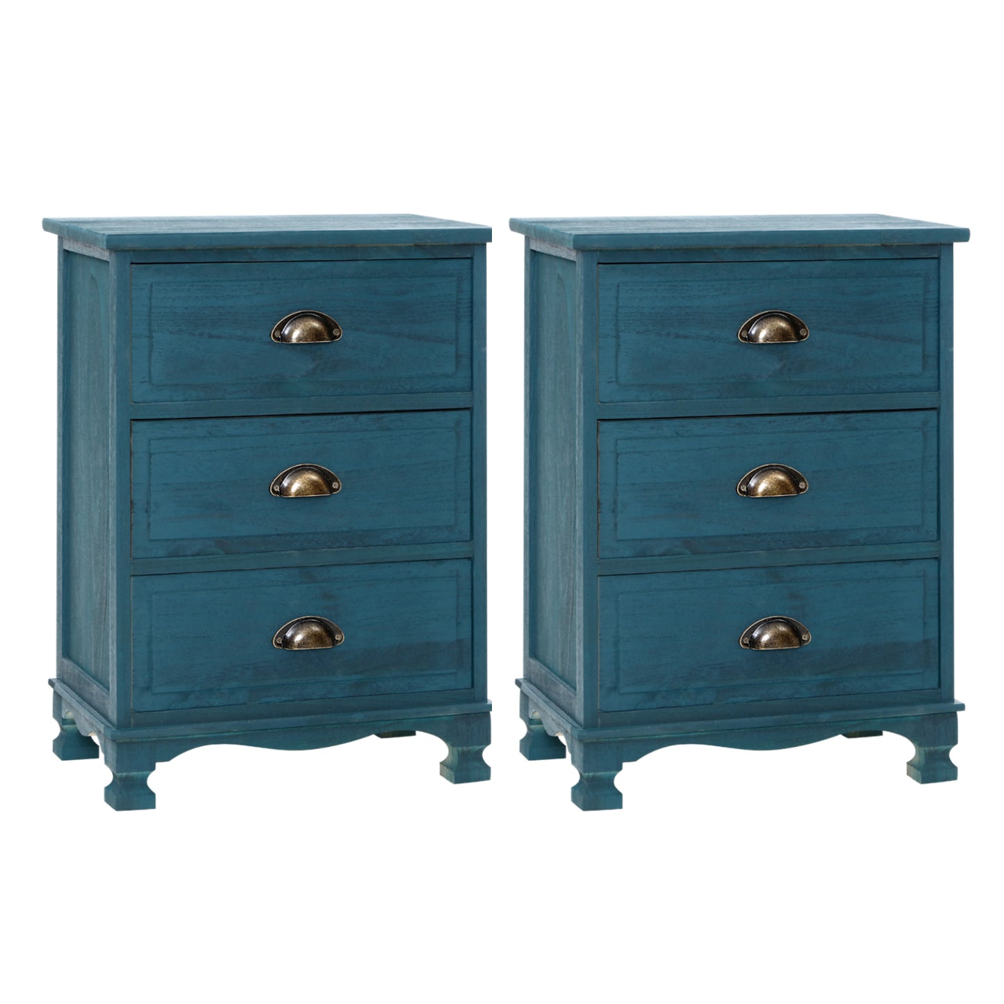 Set of 2 Gander Wooden Vintage Bedside Table Side Table Cabinet Vintage Storage Nightstand with 3 Drawers - Blue