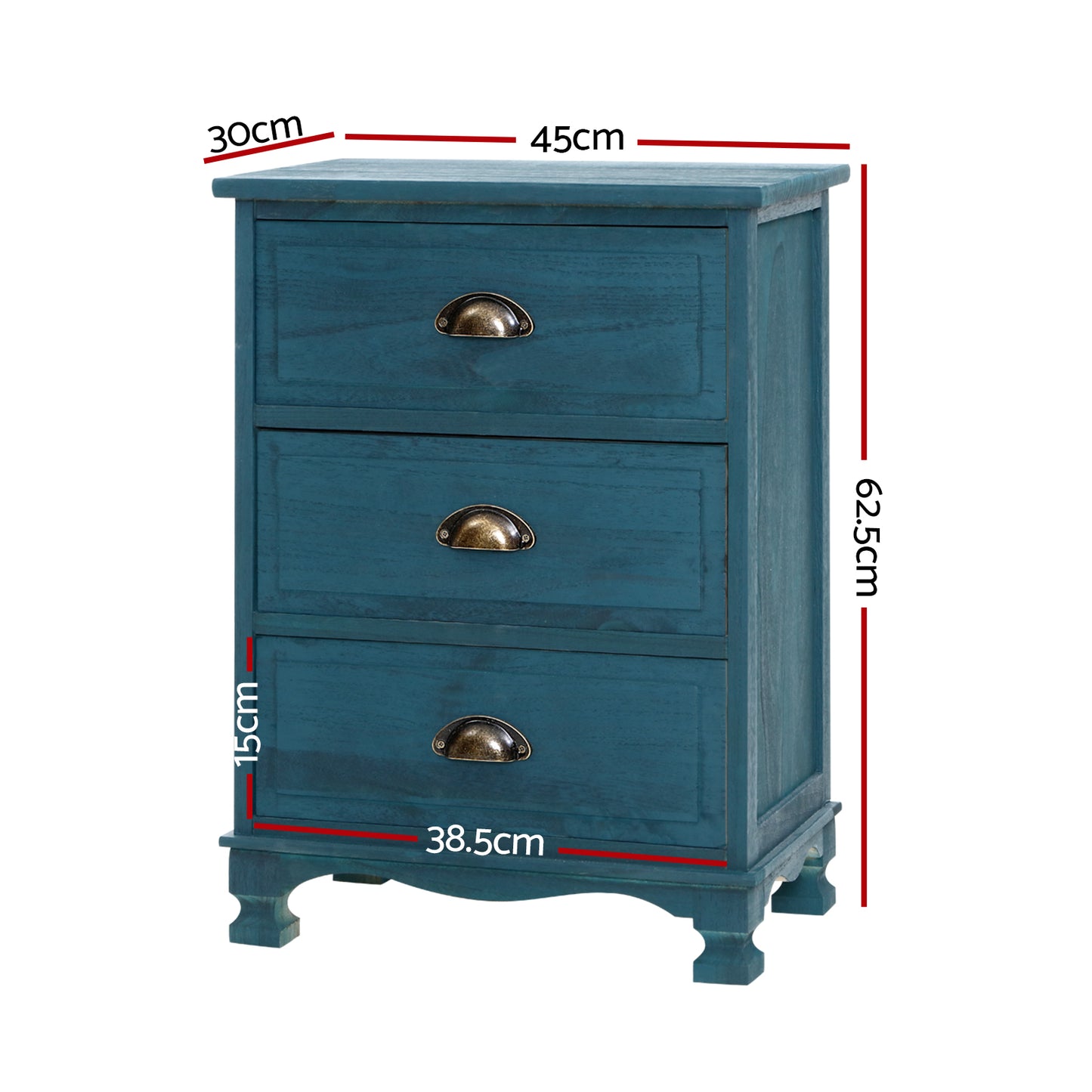 Set of 2 Gander Wooden Vintage Bedside Table Side Table Cabinet Vintage Storage Nightstand with 3 Drawers - Blue