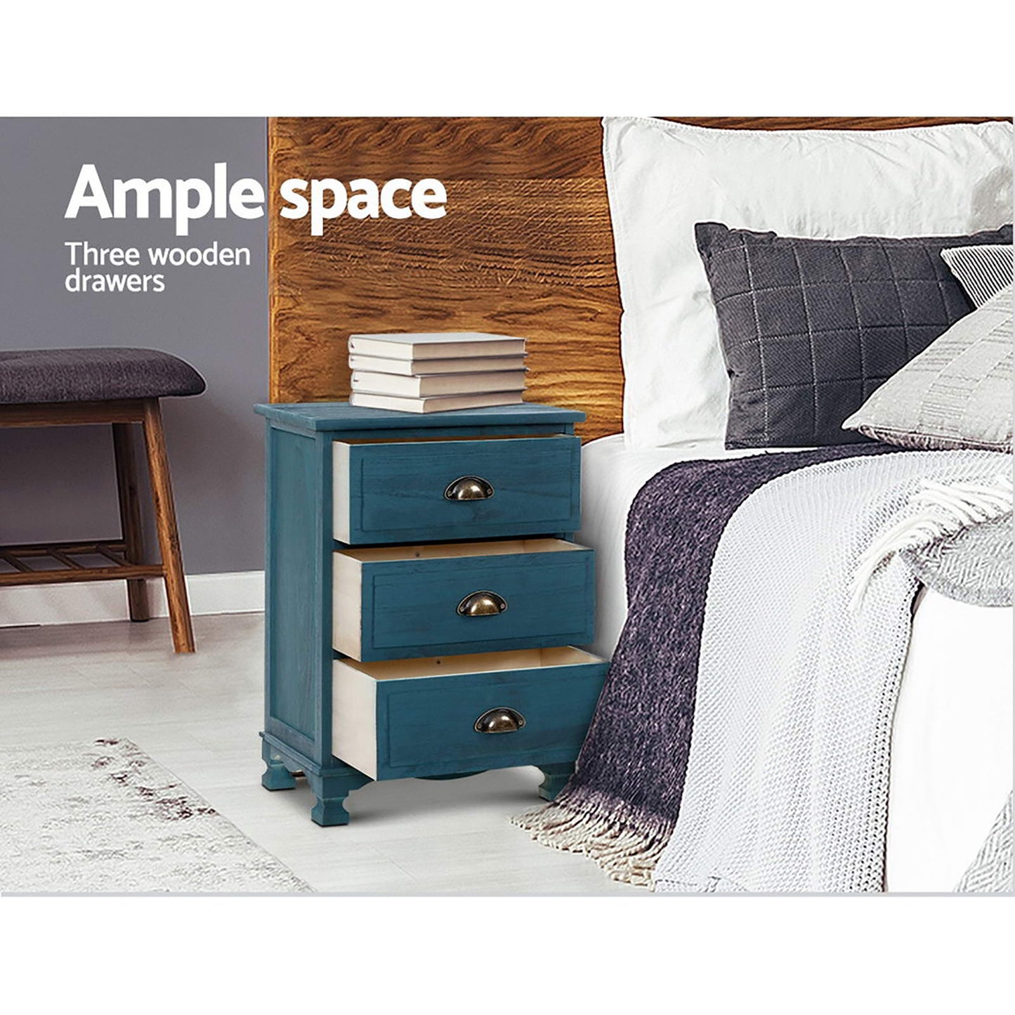Set of 2 Gander Wooden Vintage Bedside Table Side Table Cabinet Vintage Storage Nightstand with 3 Drawers - Blue