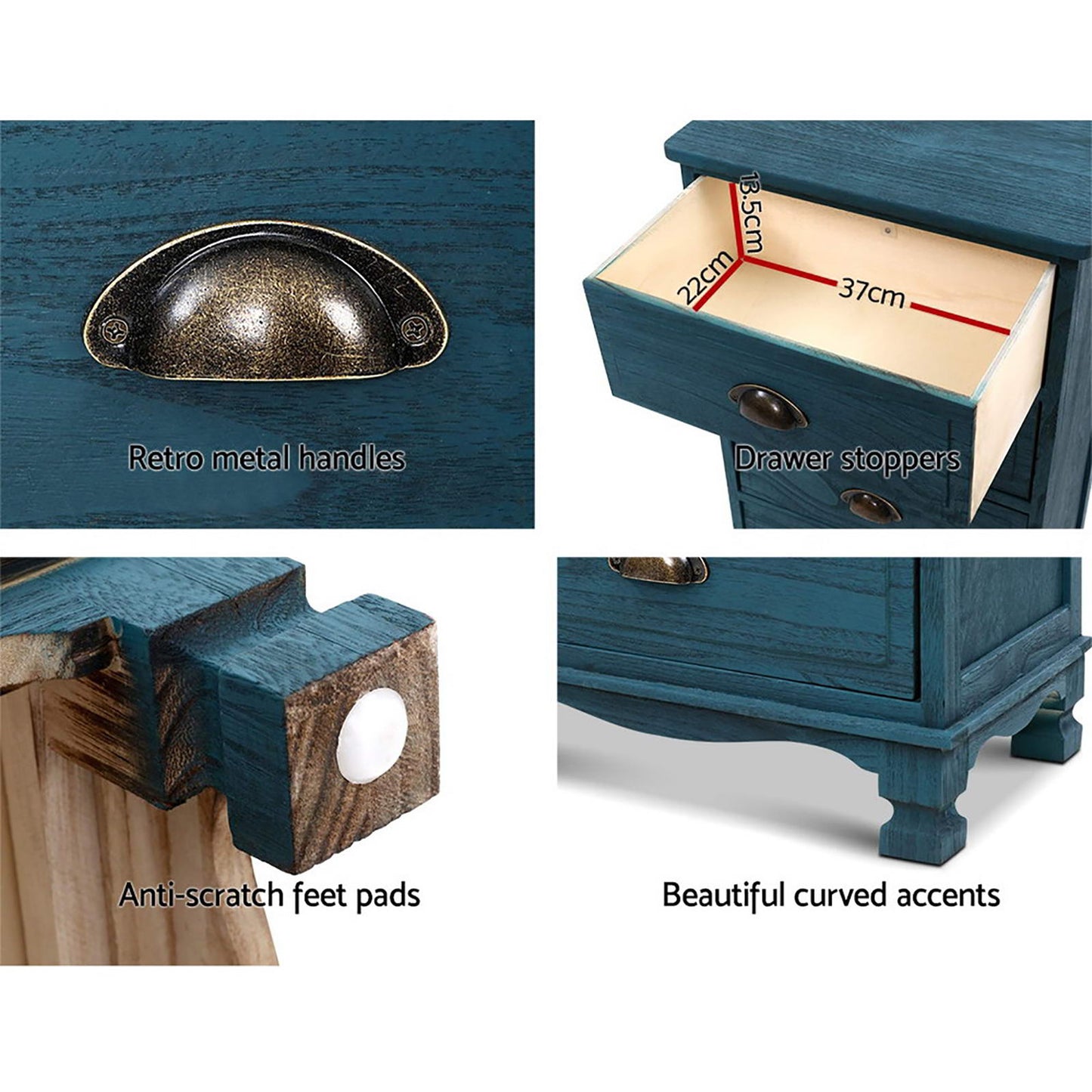 Set of 2 Gander Wooden Vintage Bedside Table Side Table Cabinet Vintage Storage Nightstand with 3 Drawers - Blue