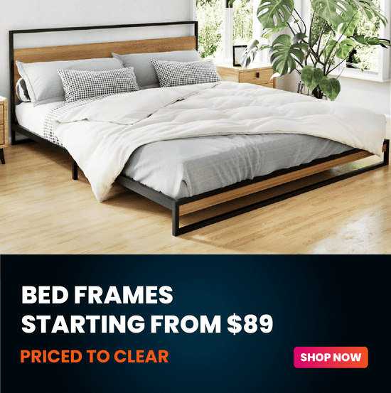 Bedroom with a bed frame and bedding, promotional text for bed frames starting from $89.