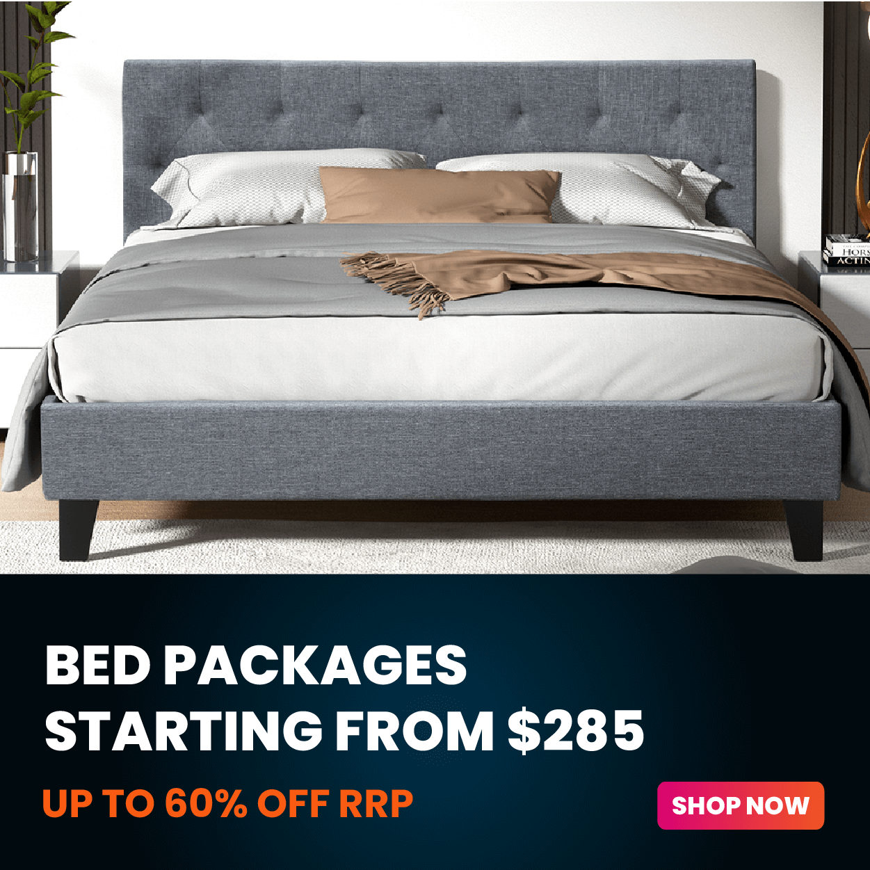 Gray upholstered bed with bedding and a promotional banner at the bottom.