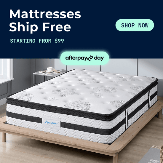Mattress on a wooden bed frame with promotional text and branding elements.