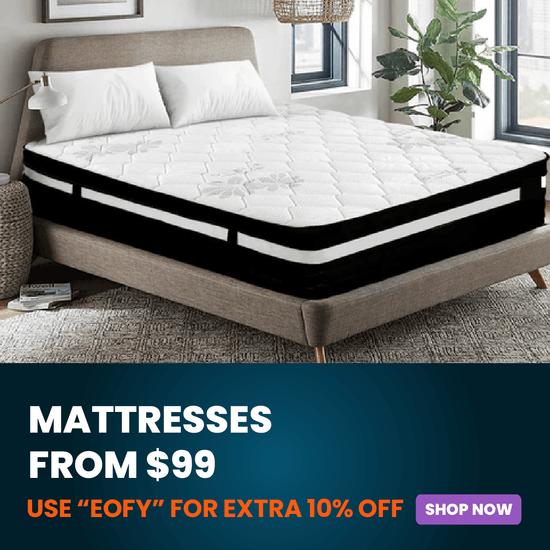 Mattress on a bed with promotional text for mattresses from $99 and an offer code.