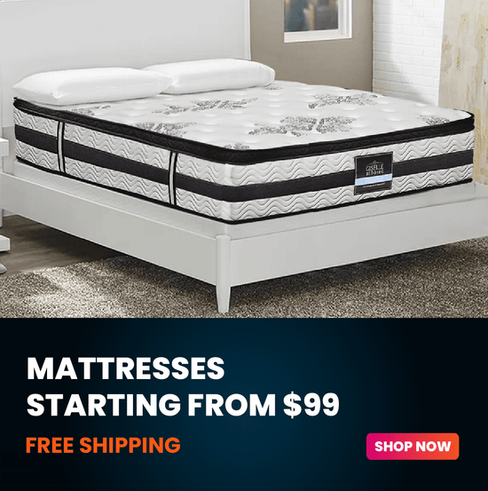 Mattress on a bed with promotional text about mattress prices and free shipping.