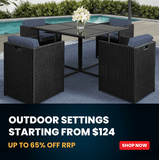 Outdoor patio dining set with a rectangular black table and four dark woven armchairs with blue cushions, shown beside a swimming pool. A dark promotional banner at the bottom reads 'OUTDOOR SETTINGS STARTING FROM $124 UP TO 65% OFF RRP' with a red 'SHOP NOW' button.