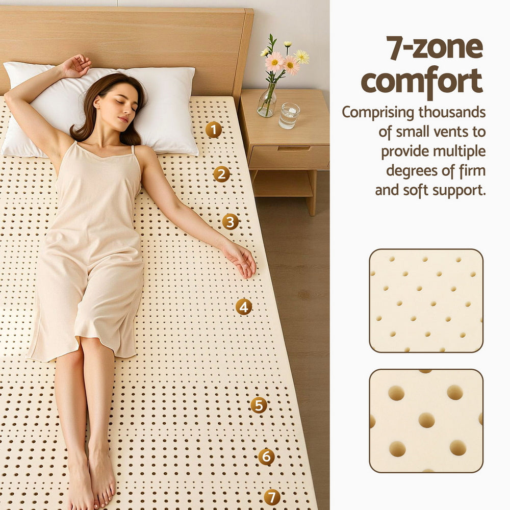 King Single Giselle Bedding Latex Mattress Topper, 7.5cm Thick 7-Zone Pressure Relief Bed Pad Beige