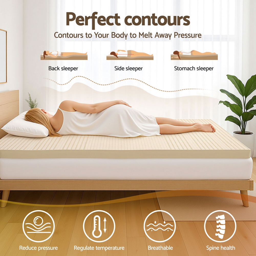 King Single Giselle Bedding Latex Mattress Topper, 7.5cm Thick 7-Zone Pressure Relief Bed Pad Beige
