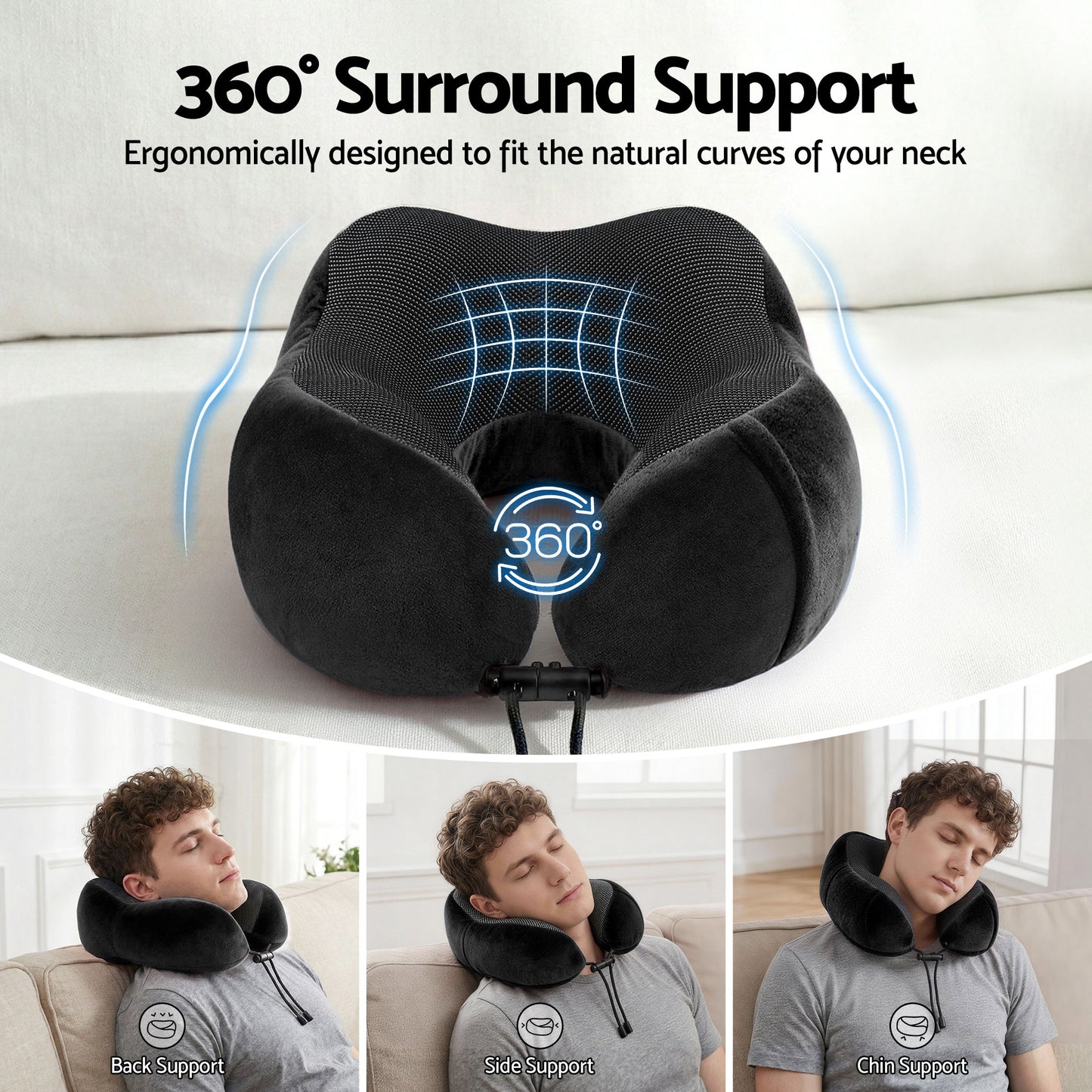 Travel Pillow Soft & Washable Cover with Storage Bag - Black
